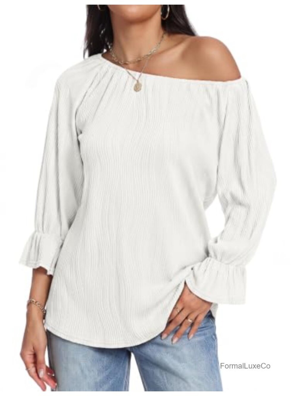 Women's Off Shoulder 3/4 Puff Sleeve Top, Boat Neck, Rayon Blend, Versatile